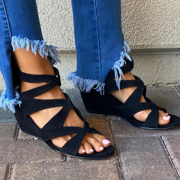 Black Strappy Peep Toe Wedge Ankle Bootie Pump - Picture 4 of 10